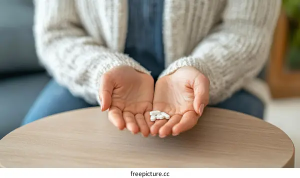 Female Hands Holding Pills on a Table