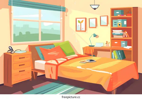 Cartoon Illustration Of Cozy Bedroom With Bedside Table And Bookshelf