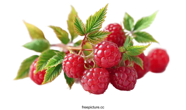 [Transparent Background PNG]Fresh Raspberries with Leaves on White Background