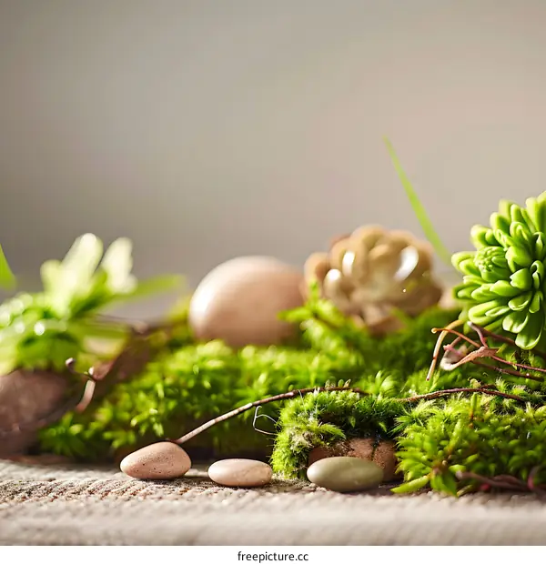 Green Moss and Stones on Rustic Background