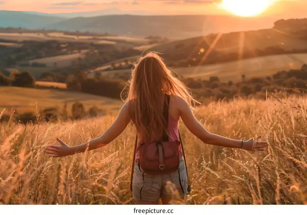 Woman with Long Hair Standing in Field at Sunset