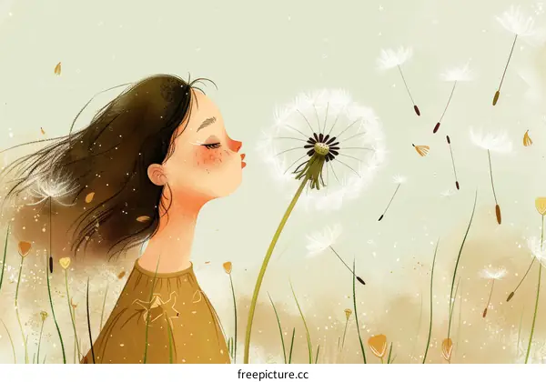 Girl Blowing Dandelion Illustration