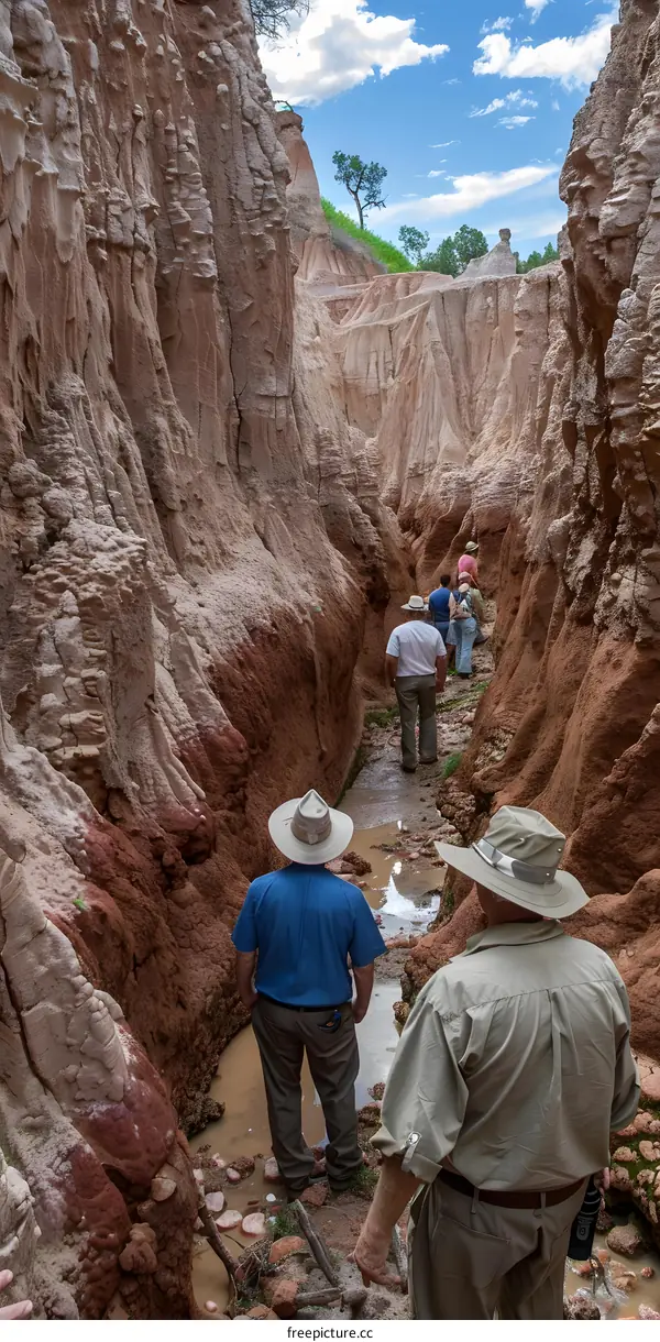 People Hiking Through Red Canyon Gorge