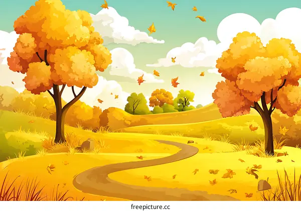 Autumn Landscape with Winding Path and Falling Leaves