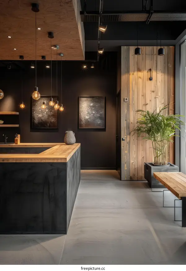 Modern Industrial Loft Interior with Black Walls and Reclaimed Wood