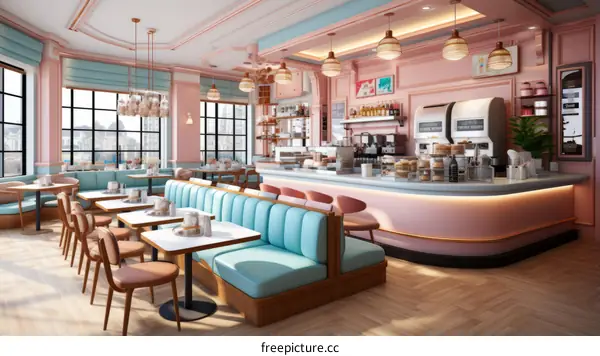 Retro pink and blue diner interior with large windows