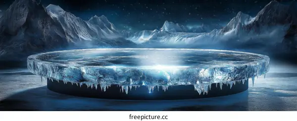 Frozen Ice Disc Platform in Snowy Mountains
