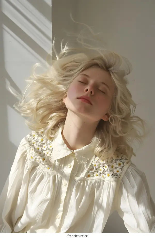 Young woman with blond hair and white dress standing in front of a white wall