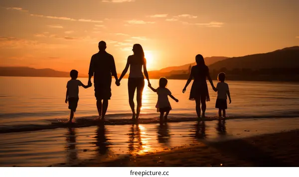 Family of six walking on the beach at sunset