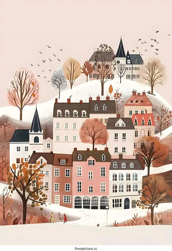 Snowy Village Winter Illustration