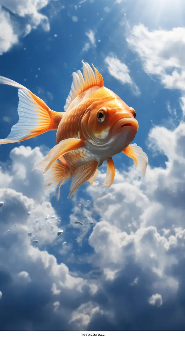 A goldfish is flying in the sky with a surprised expression on its face