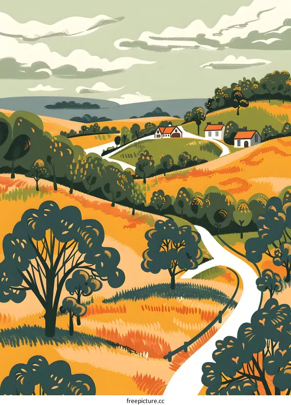 Winding Road Through Rolling Hills in Autumn Landscape