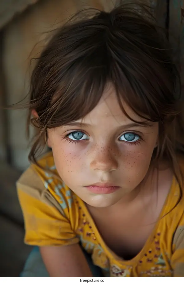 Portrait of a young girl with freckles and blue eyes