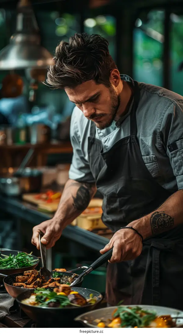 Focused male chef cooking in a commercial kitchen