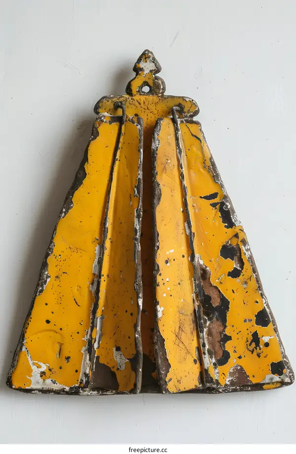 A yellow metal four-sided sign with a triangle top