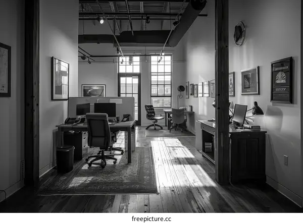 Black and white photo of an empty office