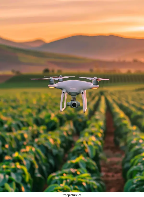 A drone is flying over a field of green crops at sunset