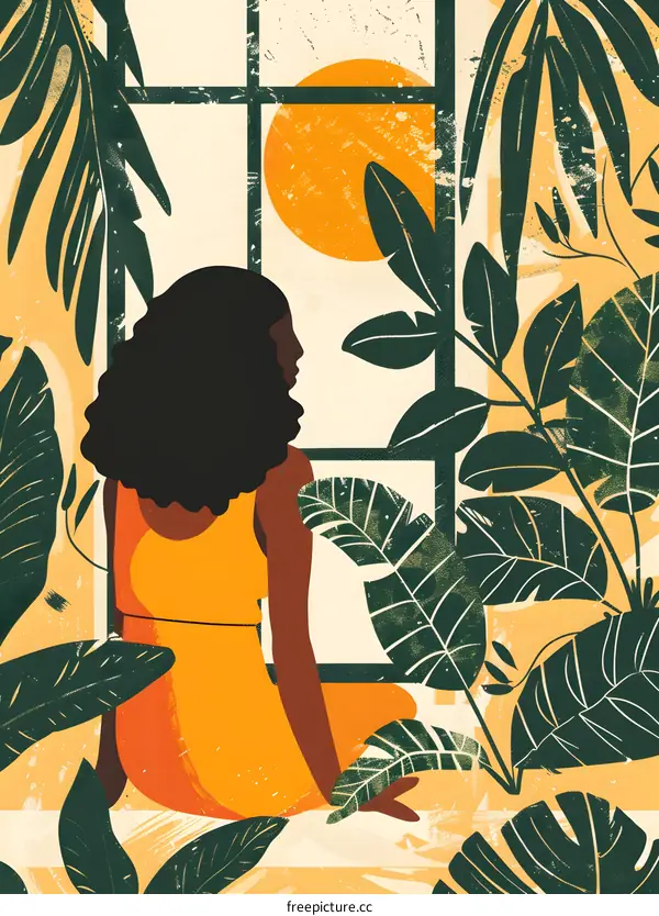 Woman in Yellow Dress Looking Out the Window