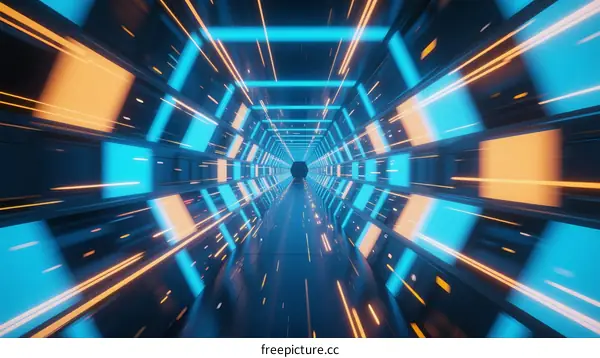 Abstract Digital Tunnel with Bright Blue and Orange Lines