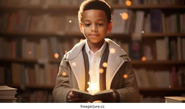 A young boy is reading a book in a library