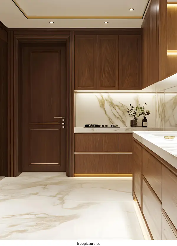 Modern Kitchen Interior Design with Wooden Cabinets and Marble Countertops