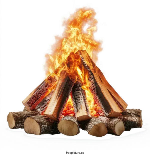 [Transparent Background PNG]Burning Campfire with Logs on White Background