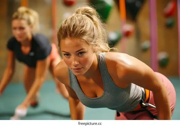 Two Caucasian Women Exercising in a Climbing Gym