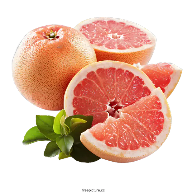 [Transparent Background PNG]Fresh Ripe Grapefruit with Green Leaves