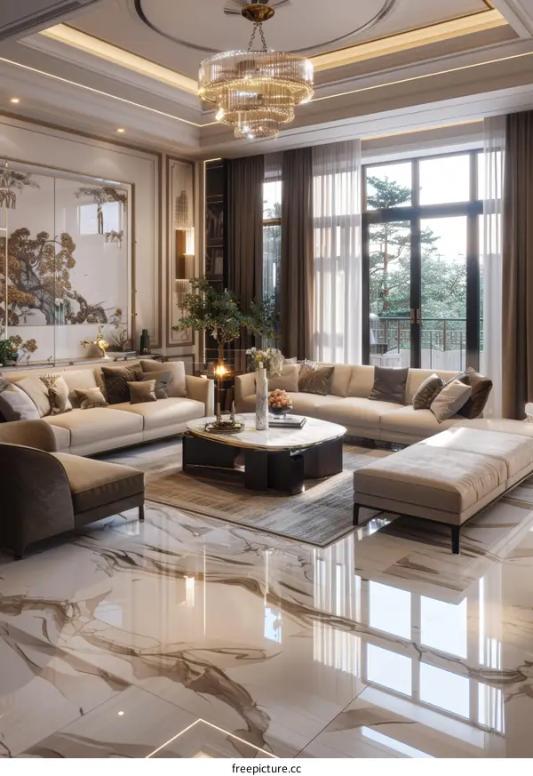 Luxury Living Room Interior Design With Beige Sofa and Chandelier