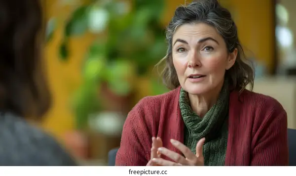 Woman with gray hair in red sweater talking to someone