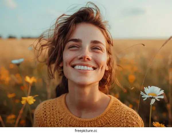 Happy Woman Smiling In A Field Of Flowers