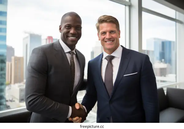 Two businessmen shaking hands in an office