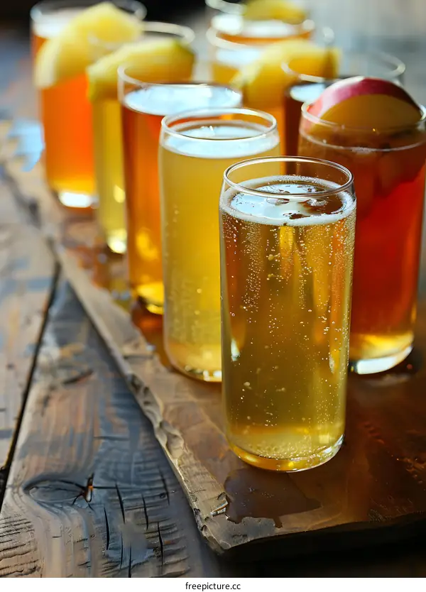 Close Up of Row of Glasses of Apple Cider on Wooden Plank