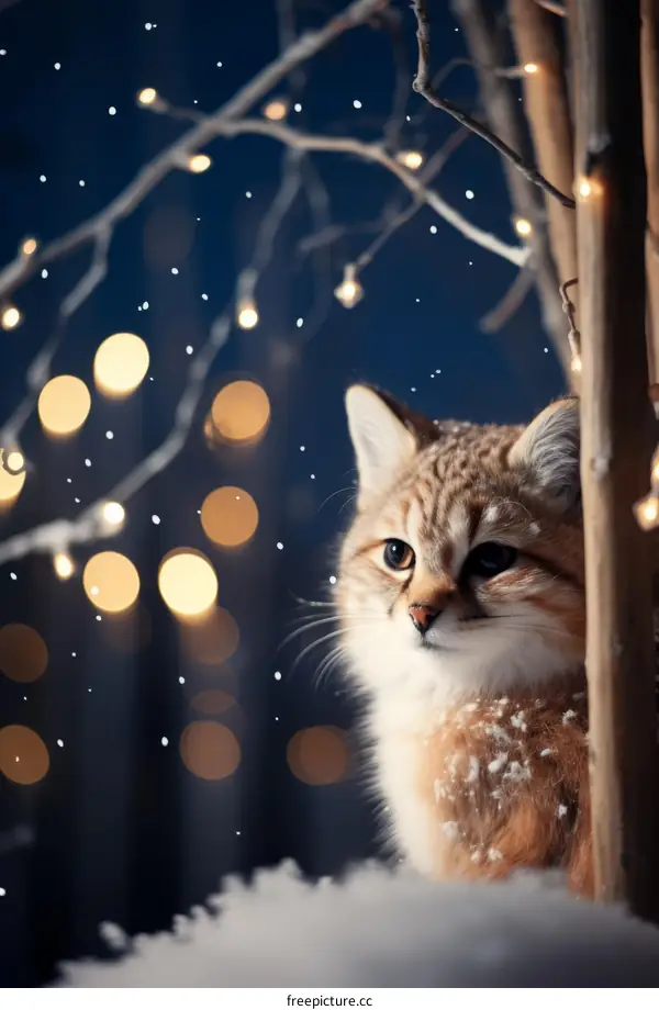 A ginger cat sits in the snow next to a tree decorated with lights.