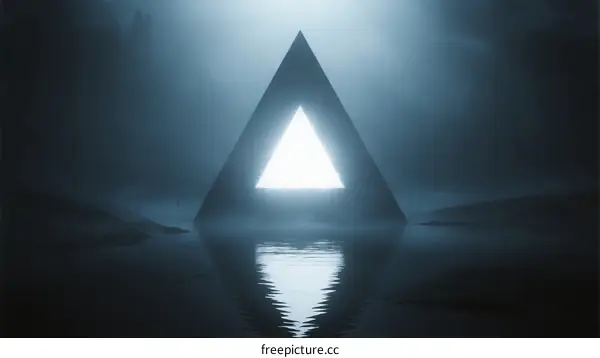 Mysterious triangular portal with bright light over calm water