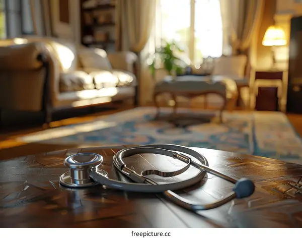 A stethoscope lies on a table in a living room.
