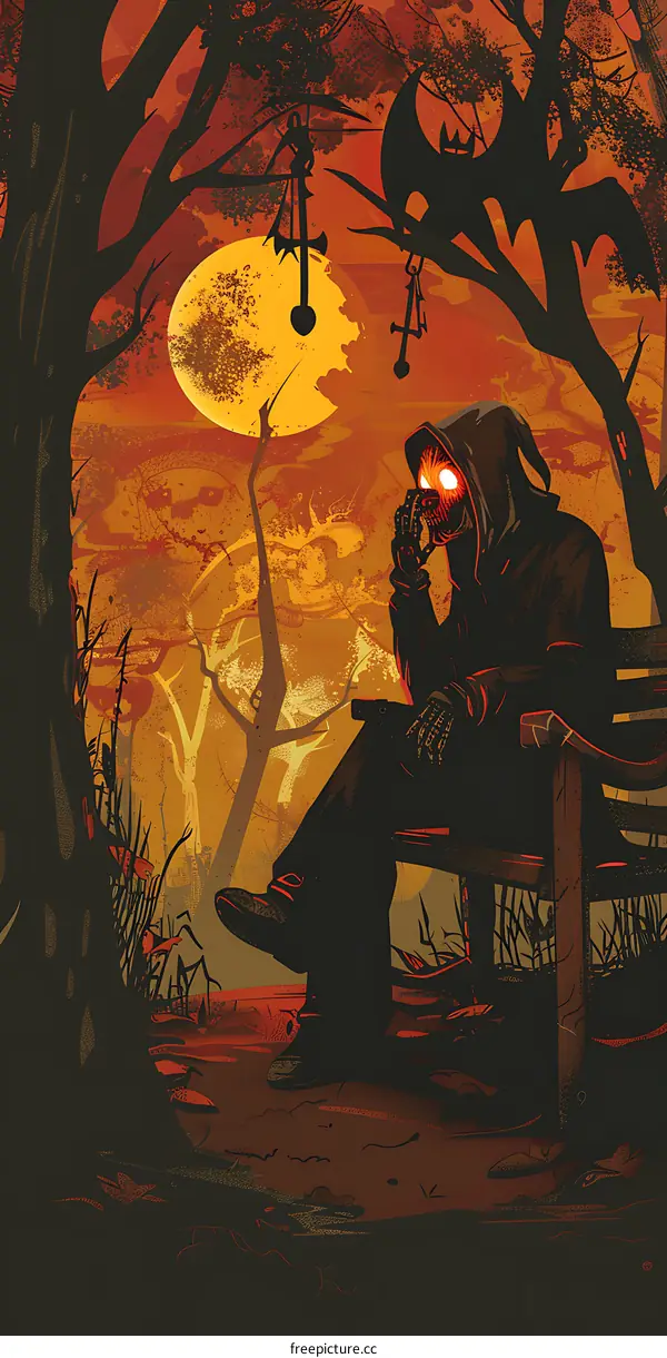 Halloween Illustration of Person in Hood Sitting on a Bench with a Bat and Moon in the Background