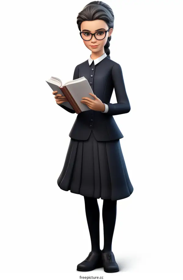 Illustration of a young girl wearing a black dress and reading a book