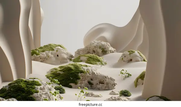Minimalist 3D Illustration of a Desert Scene with Curved Walls and Rocks Covered in Moss