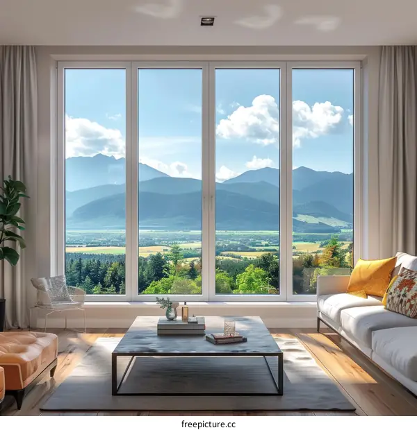 Modern living room interior with large windows and a beautiful mountain view