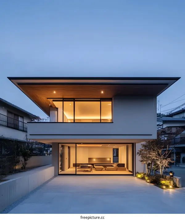 Modern Japanese House with Wooden Ceiling and Large Windows