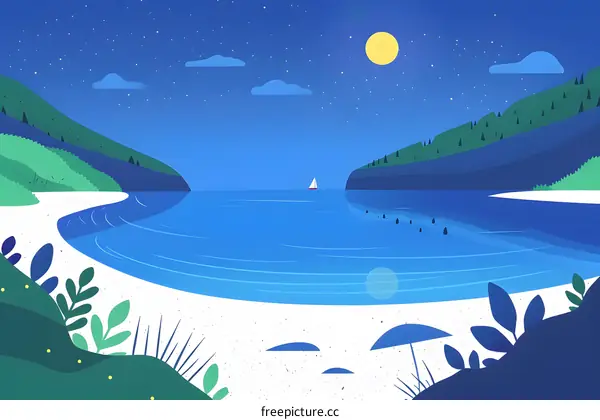 Night View of a Calm Sea with a Sailboat