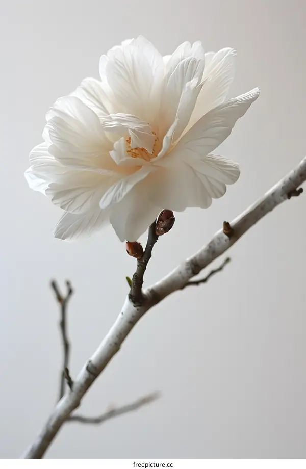White Camellia japonica flower in full bloom with buds on a bare branch against a pale grey background