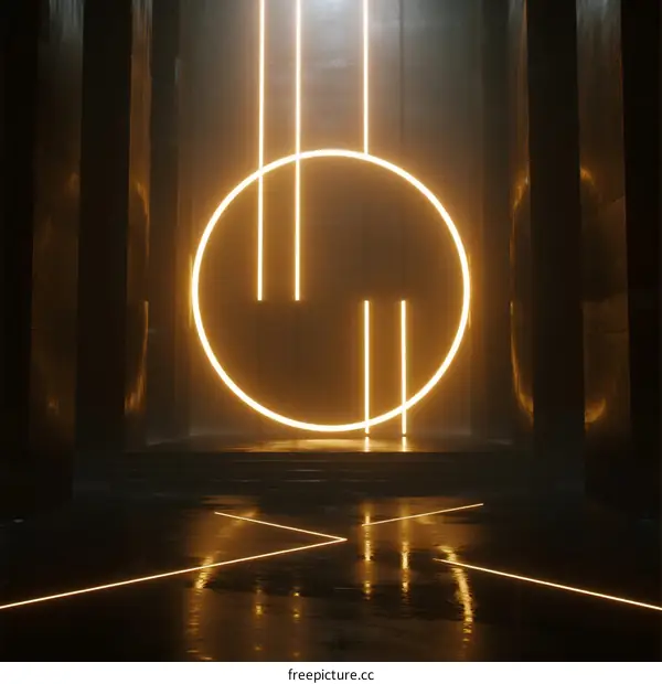 Futuristic geometric circle and lines in dark industrial setting