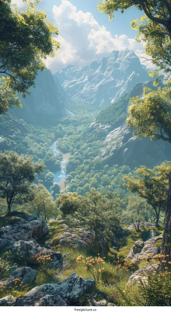 Fantasy landscape with mountains, river and trees