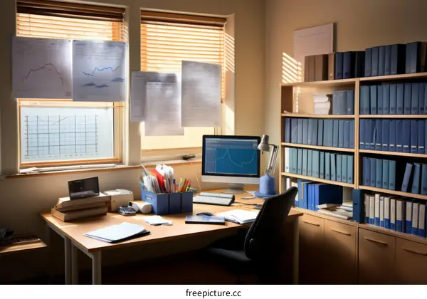 A home office with a large desk, computer, and bookshelves