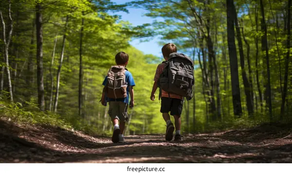 Two boys hiking in the woods