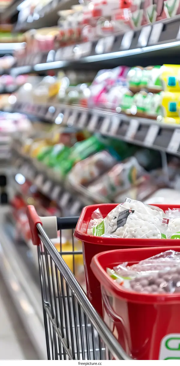 Grocery Shopping Cart With Red Baskets And Food