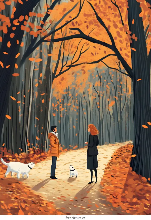 Couple Walking In Autumn Forest With Dogs