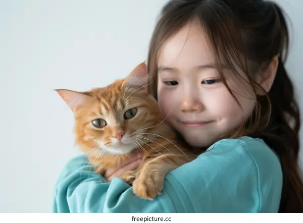 A young girl hugging an orange cat